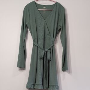 SO | Minimalist Teal Ribbed Long Sleeve Mini A-line Ruffle Dress Size L